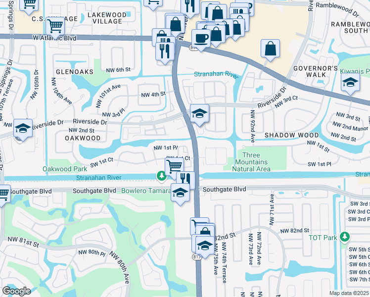 map of restaurants, bars, coffee shops, grocery stores, and more near 9642 Northwest 1st Place in Coral Springs