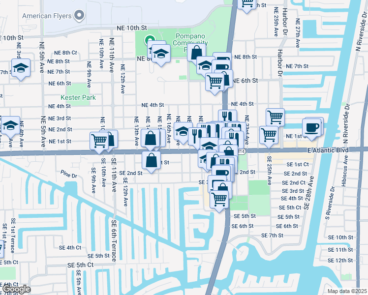 map of restaurants, bars, coffee shops, grocery stores, and more near 1735 East Atlantic Boulevard in Pompano Beach