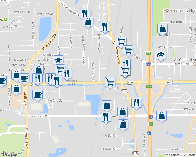 map of restaurants, bars, coffee shops, grocery stores, and more near 105 Northwest 16th Avenue in Pompano Beach