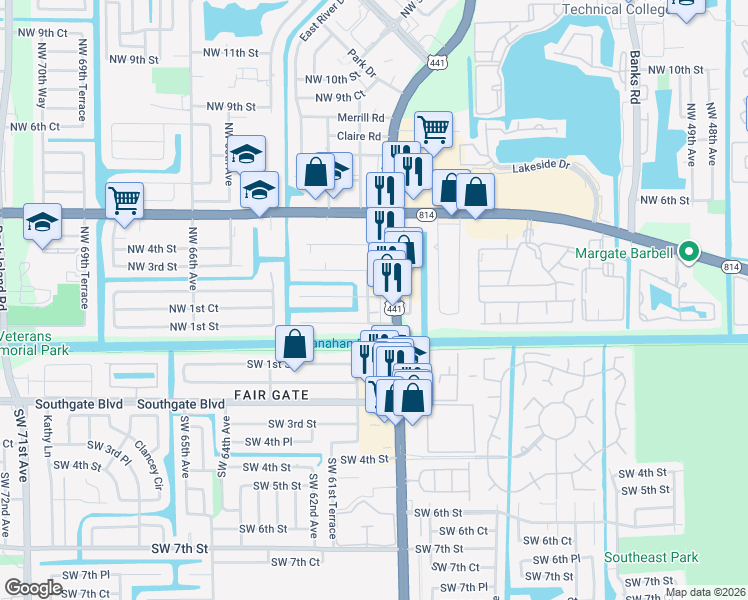 map of restaurants, bars, coffee shops, grocery stores, and more near 193 Florida 7 in Margate