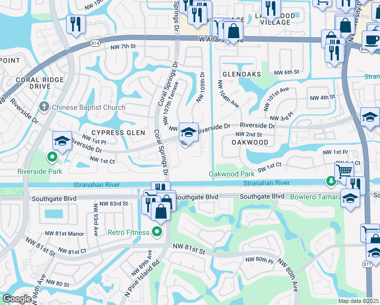 map of restaurants, bars, coffee shops, grocery stores, and more near 10600 Riverside Drive in Coral Springs