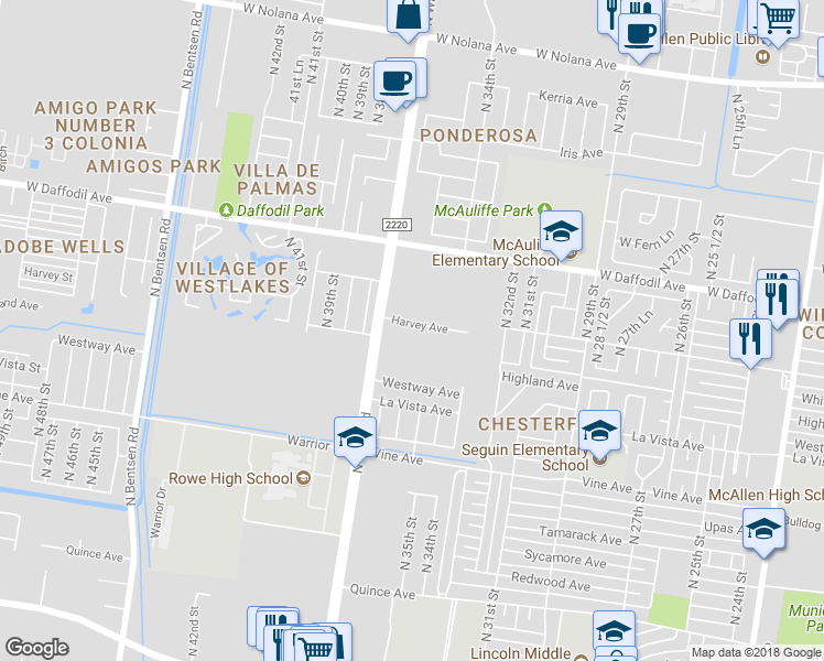 map of restaurants, bars, coffee shops, grocery stores, and more near 3601 Harvey Street in McAllen