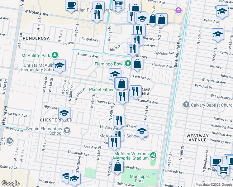 map of restaurants, bars, coffee shops, grocery stores, and more near 2904 North 24th Street in McAllen