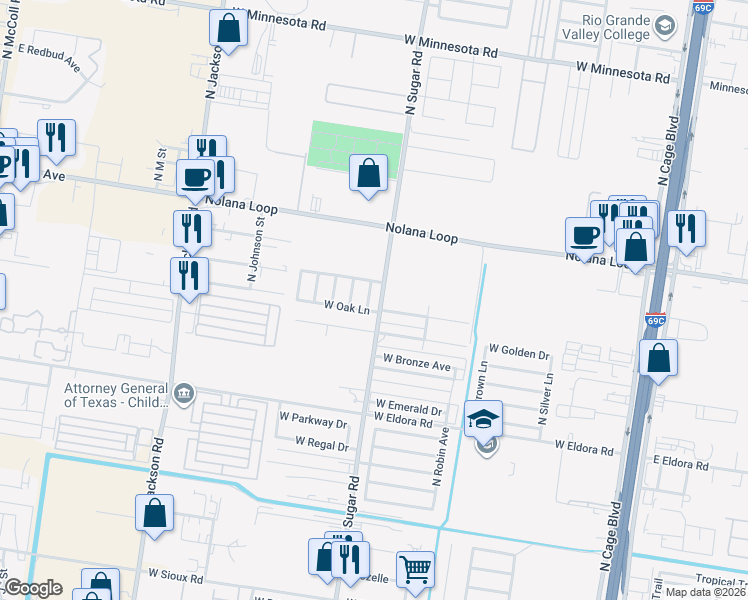 map of restaurants, bars, coffee shops, grocery stores, and more near 4104 North Ebony Drive in Pharr