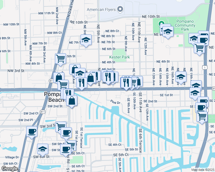 map of restaurants, bars, coffee shops, grocery stores, and more near 601 East Atlantic Boulevard in Pompano Beach