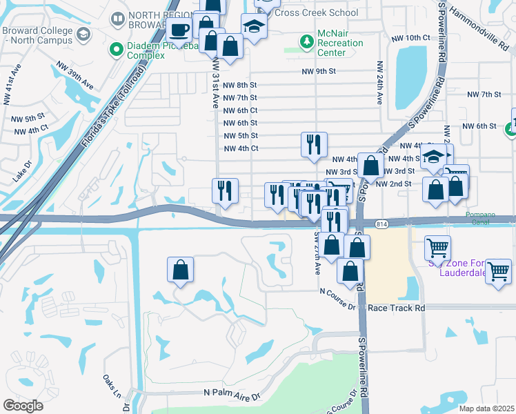 map of restaurants, bars, coffee shops, grocery stores, and more near 2983 Northwest 1st Street in Pompano Beach