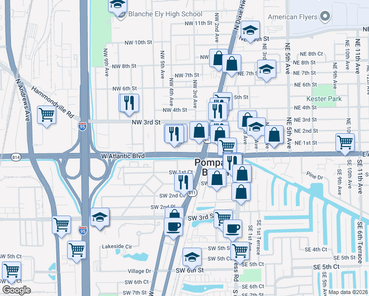 map of restaurants, bars, coffee shops, grocery stores, and more near 341 West Atlantic Boulevard in Pompano Beach