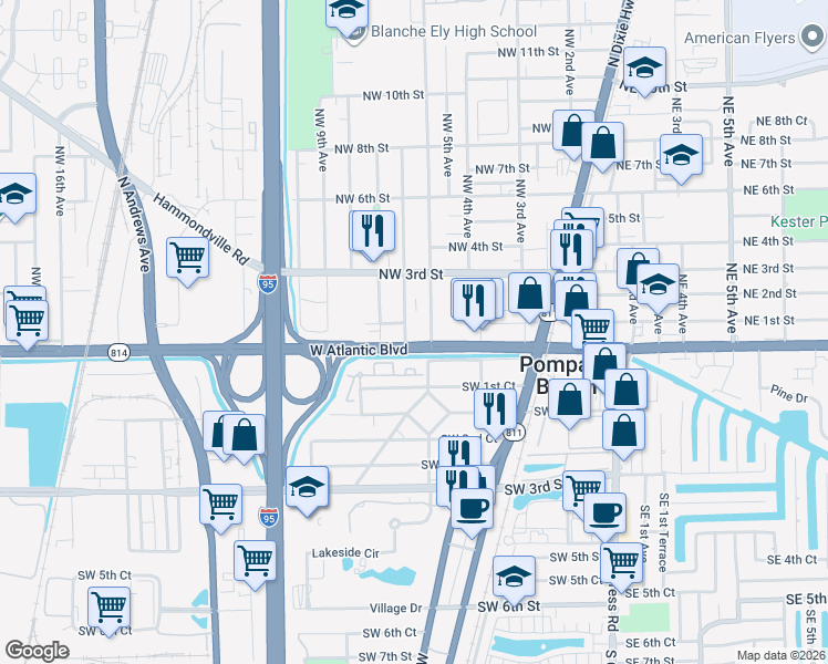 map of restaurants, bars, coffee shops, grocery stores, and more near 700 Northwest 1st Street in Pompano Beach