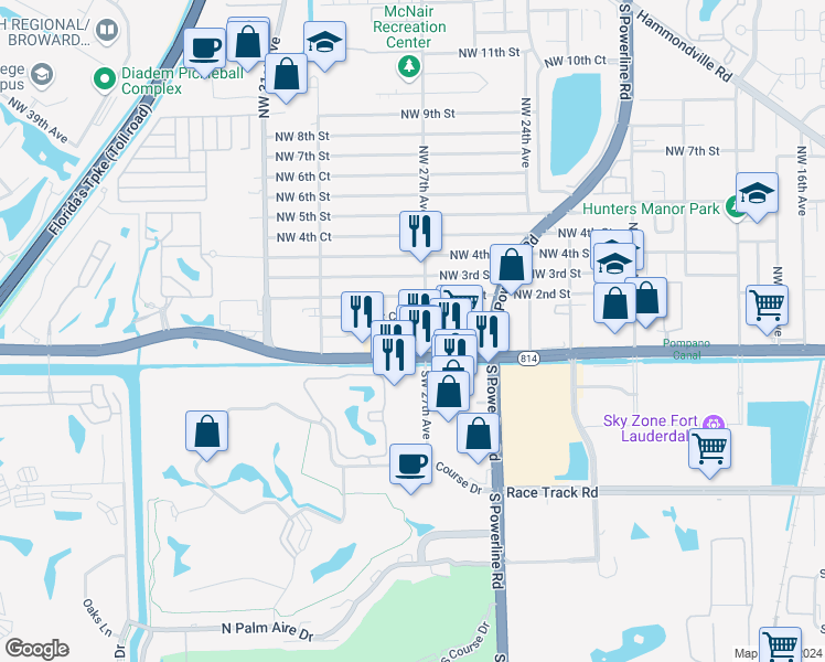 map of restaurants, bars, coffee shops, grocery stores, and more near in Pompano Beach