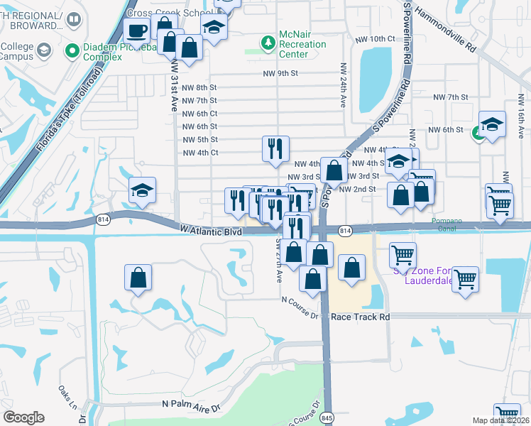 map of restaurants, bars, coffee shops, grocery stores, and more near in Pompano Beach