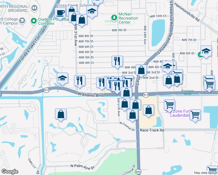 map of restaurants, bars, coffee shops, grocery stores, and more near 2799 Northwest 1st Street in Pompano Beach