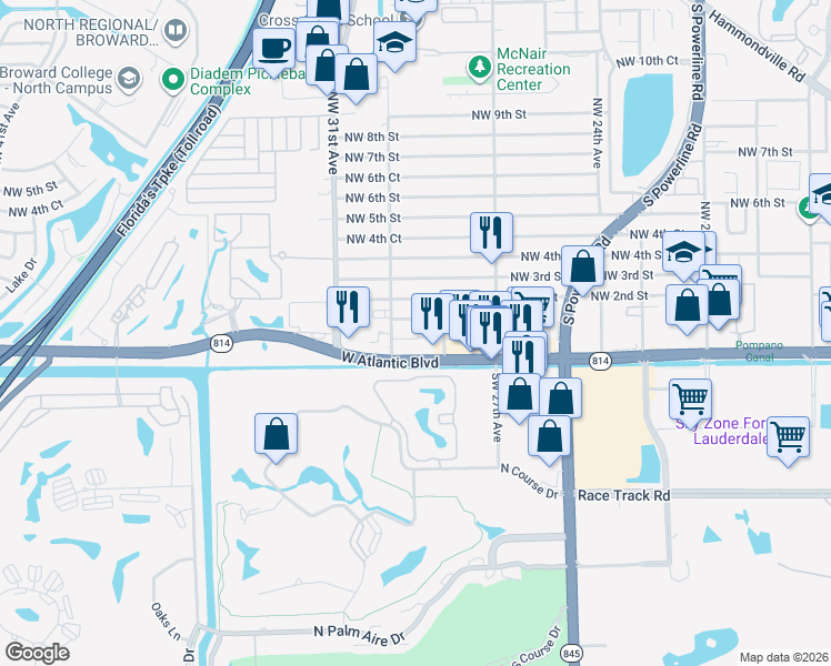 map of restaurants, bars, coffee shops, grocery stores, and more near 2983 Northwest 1st Street in Pompano Beach