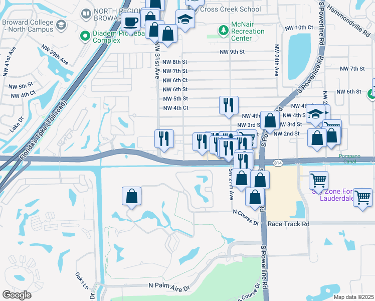 map of restaurants, bars, coffee shops, grocery stores, and more near 2983 Northwest 1st Street in Pompano Beach