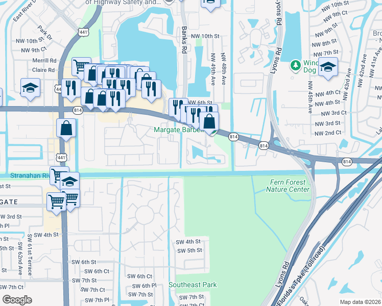 map of restaurants, bars, coffee shops, grocery stores, and more near 161 West Hemingway Circle in Margate