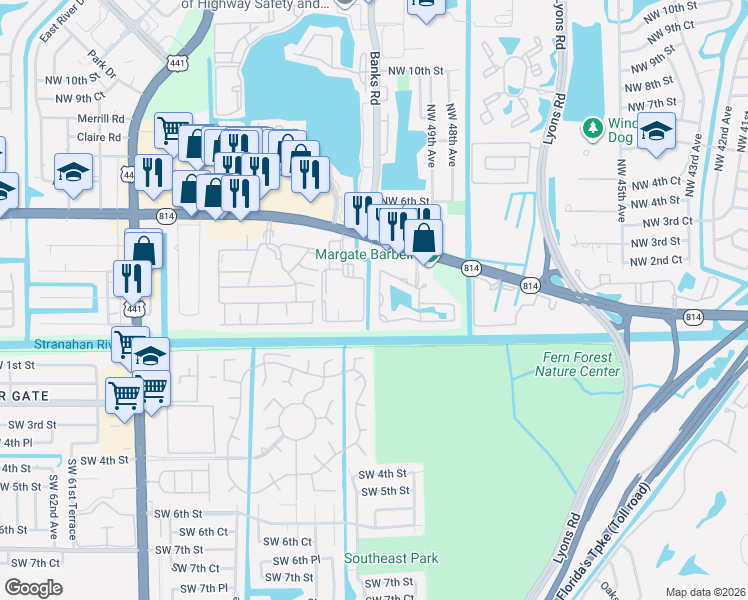 map of restaurants, bars, coffee shops, grocery stores, and more near 161 West Hemingway Circle in Margate