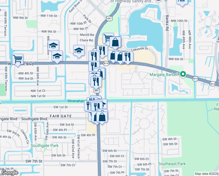 map of restaurants, bars, coffee shops, grocery stores, and more near 206 Margate Court in Margate