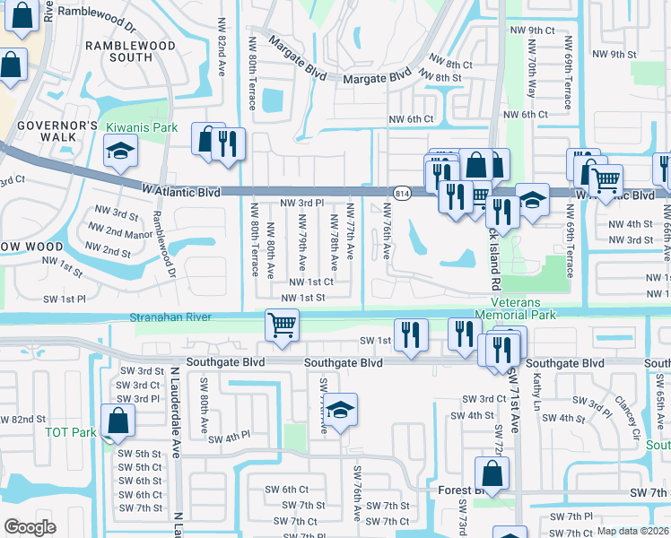 map of restaurants, bars, coffee shops, grocery stores, and more near 140 Northwest 78th Avenue in Margate