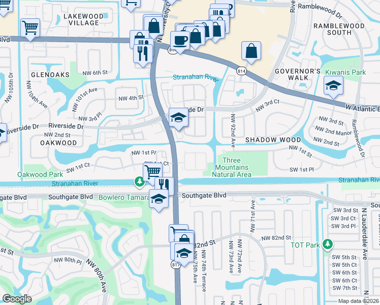 map of restaurants, bars, coffee shops, grocery stores, and more near 146 Northwest 94th Way in Coral Springs