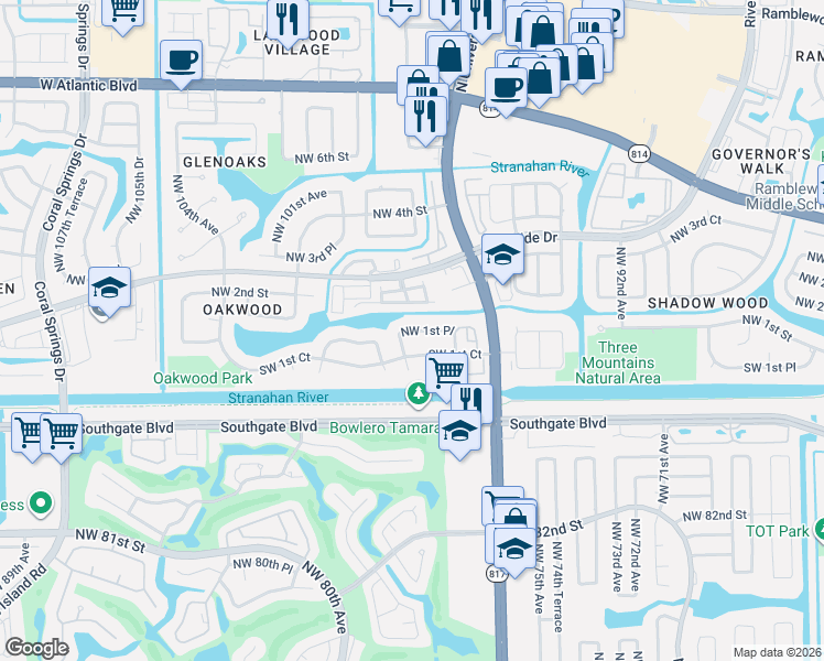 map of restaurants, bars, coffee shops, grocery stores, and more near 9748 Northwest 1st Place in Coral Springs