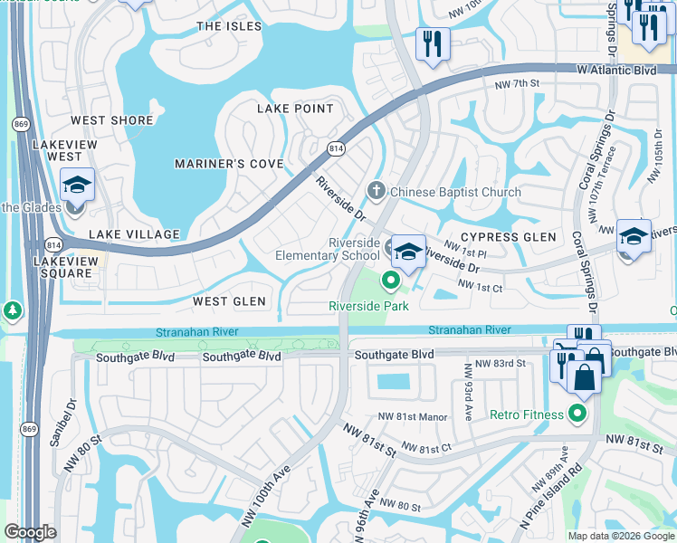 map of restaurants, bars, coffee shops, grocery stores, and more near in Coral Springs