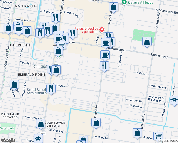 map of restaurants, bars, coffee shops, grocery stores, and more near 3303 North Jackson Road in McAllen