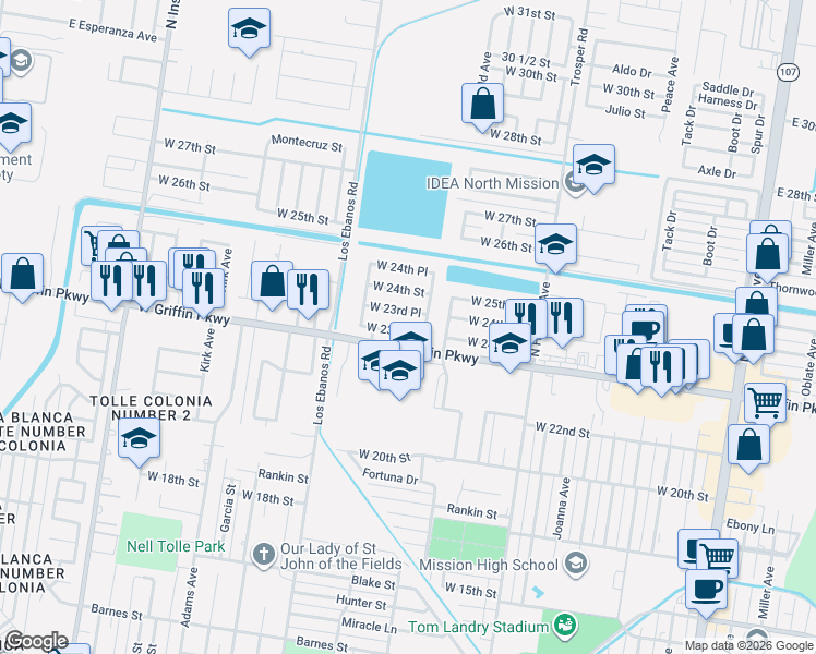 map of restaurants, bars, coffee shops, grocery stores, and more near 1200 West 23rd Street in Mission