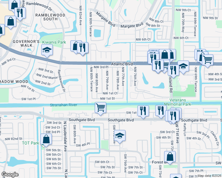 map of restaurants, bars, coffee shops, grocery stores, and more near 149 Northwest 78th Terrace in Margate