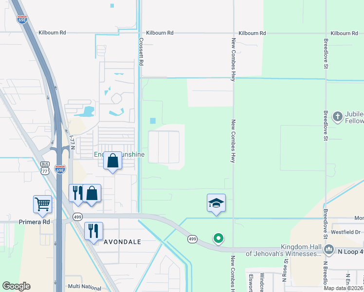 map of restaurants, bars, coffee shops, grocery stores, and more near 22509 Las Palmas Cir E in Harlingen