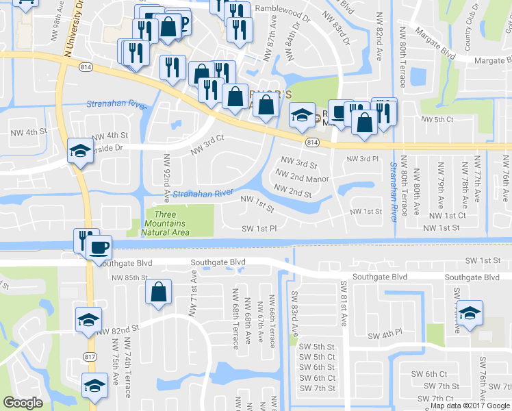 map of restaurants, bars, coffee shops, grocery stores, and more near 8726 Northwest 1st Street in Coral Springs