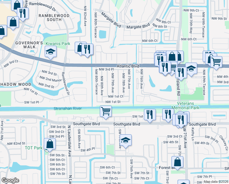 map of restaurants, bars, coffee shops, grocery stores, and more near 148 Northwest 79th Avenue in Margate