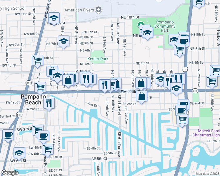 map of restaurants, bars, coffee shops, grocery stores, and more near 1003 East Atlantic Boulevard in Pompano Beach