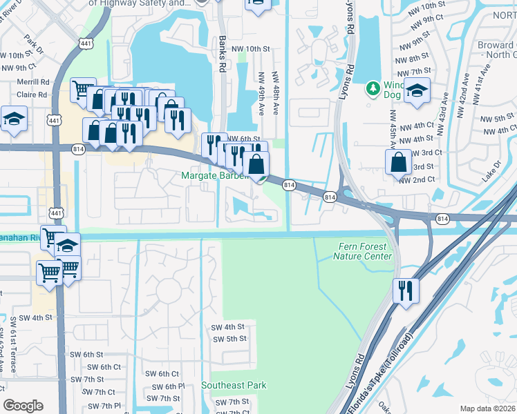map of restaurants, bars, coffee shops, grocery stores, and more near 207 East Hemingway Circle in Margate
