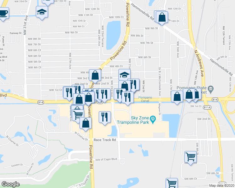 map of restaurants, bars, coffee shops, grocery stores, and more near 2201 West Atlantic Boulevard in Pompano Beach