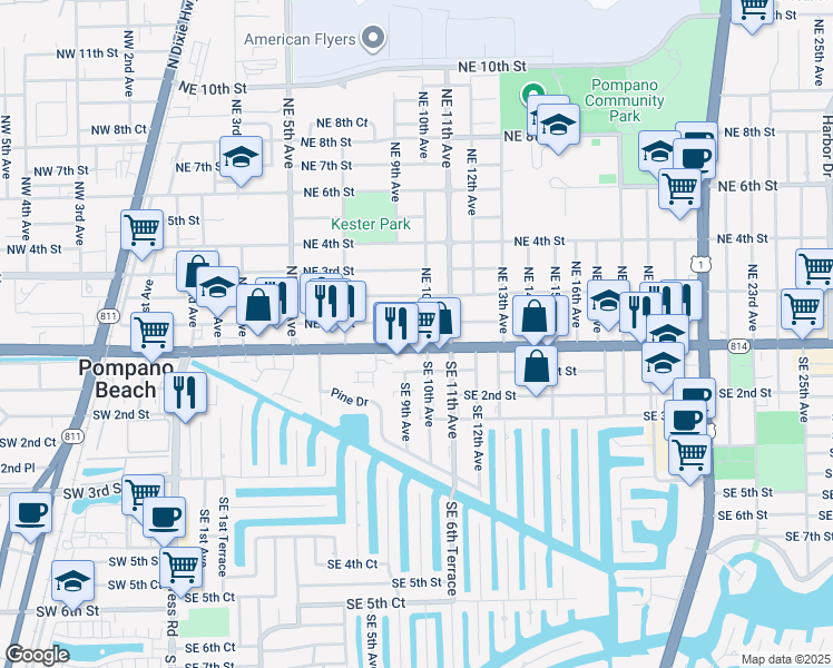 map of restaurants, bars, coffee shops, grocery stores, and more near 1003 East Atlantic Boulevard in Pompano Beach