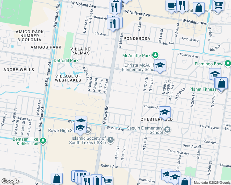 map of restaurants, bars, coffee shops, grocery stores, and more near 3601 Harvey Street in McAllen