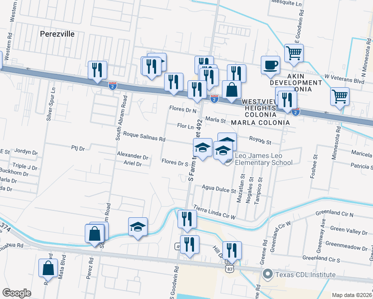 map of restaurants, bars, coffee shops, grocery stores, and more near 2101 Roque Salinas Road in Mission
