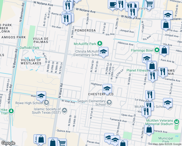 map of restaurants, bars, coffee shops, grocery stores, and more near 2799 North 32nd Street in McAllen