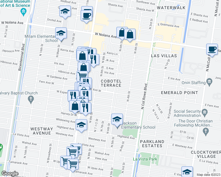 map of restaurants, bars, coffee shops, grocery stores, and more near 600 Fern Avenue in McAllen