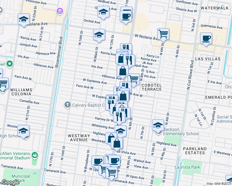 map of restaurants, bars, coffee shops, grocery stores, and more near 1017 Fern Avenue West in McAllen