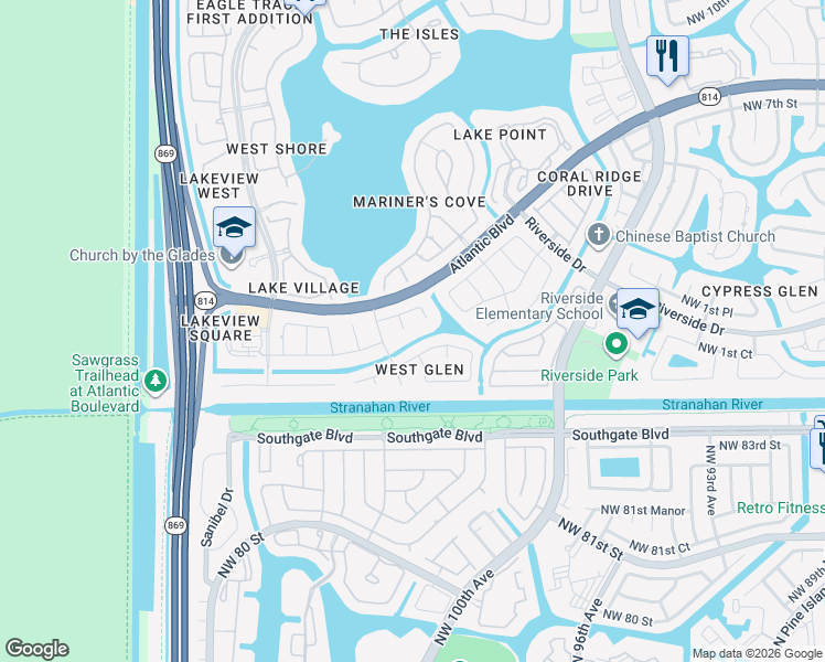 map of restaurants, bars, coffee shops, grocery stores, and more near 201 Northwest 121st Avenue in Coral Springs