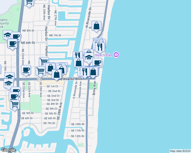 map of restaurants, bars, coffee shops, grocery stores, and more near 1001 North Pompano Beach Boulevard in Pompano Beach