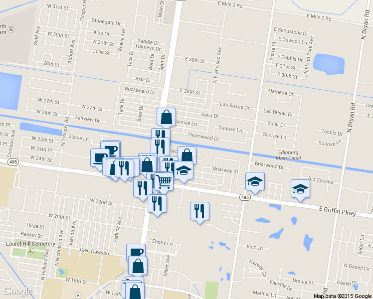 map of restaurants, bars, coffee shops, grocery stores, and more near 315 Stacie Lane in Mission