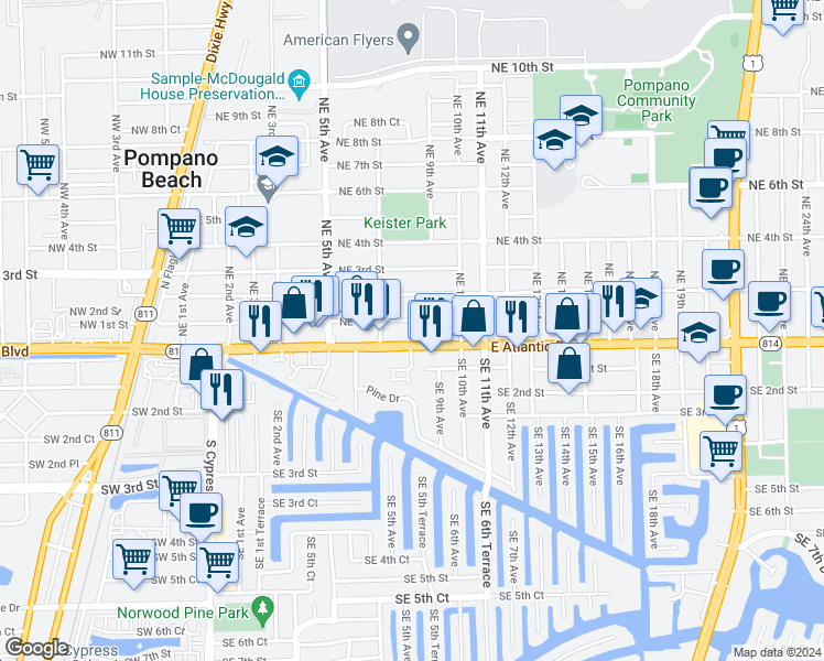 map of restaurants, bars, coffee shops, grocery stores, and more near 716 Northeast 1st Street in Pompano Beach