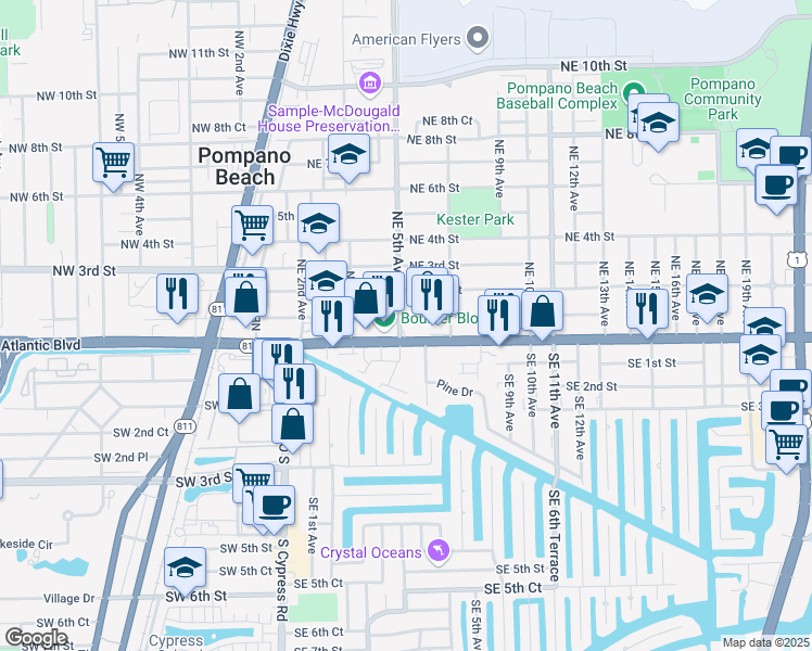 map of restaurants, bars, coffee shops, grocery stores, and more near 601 East Atlantic Boulevard in Pompano Beach
