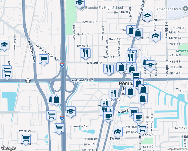 map of restaurants, bars, coffee shops, grocery stores, and more near 700 Northwest 1st Street in Pompano Beach