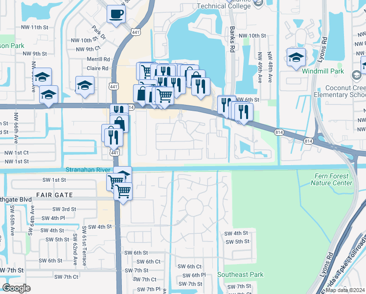 map of restaurants, bars, coffee shops, grocery stores, and more near 5524c Lakewood Circle South in Margate