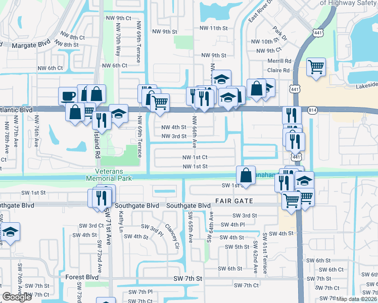 map of restaurants, bars, coffee shops, grocery stores, and more near 6645 Northwest 1st Court in Margate