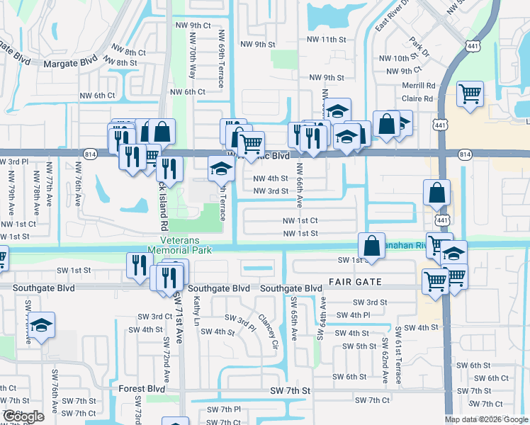 map of restaurants, bars, coffee shops, grocery stores, and more near 6799 Northwest 1st Court in Margate