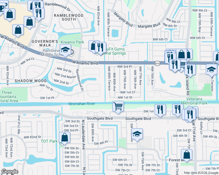 map of restaurants, bars, coffee shops, grocery stores, and more near 149 Northwest 80th Terrace in Margate
