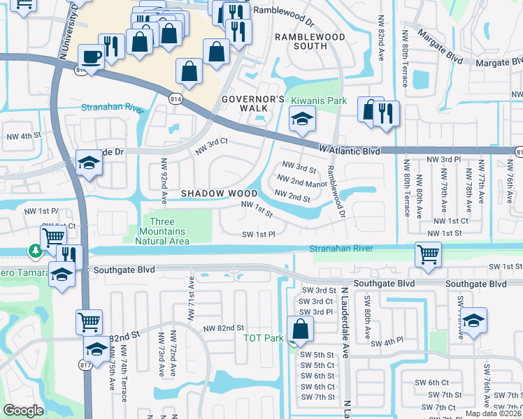 map of restaurants, bars, coffee shops, grocery stores, and more near 8726 Northwest 1st Street in Coral Springs
